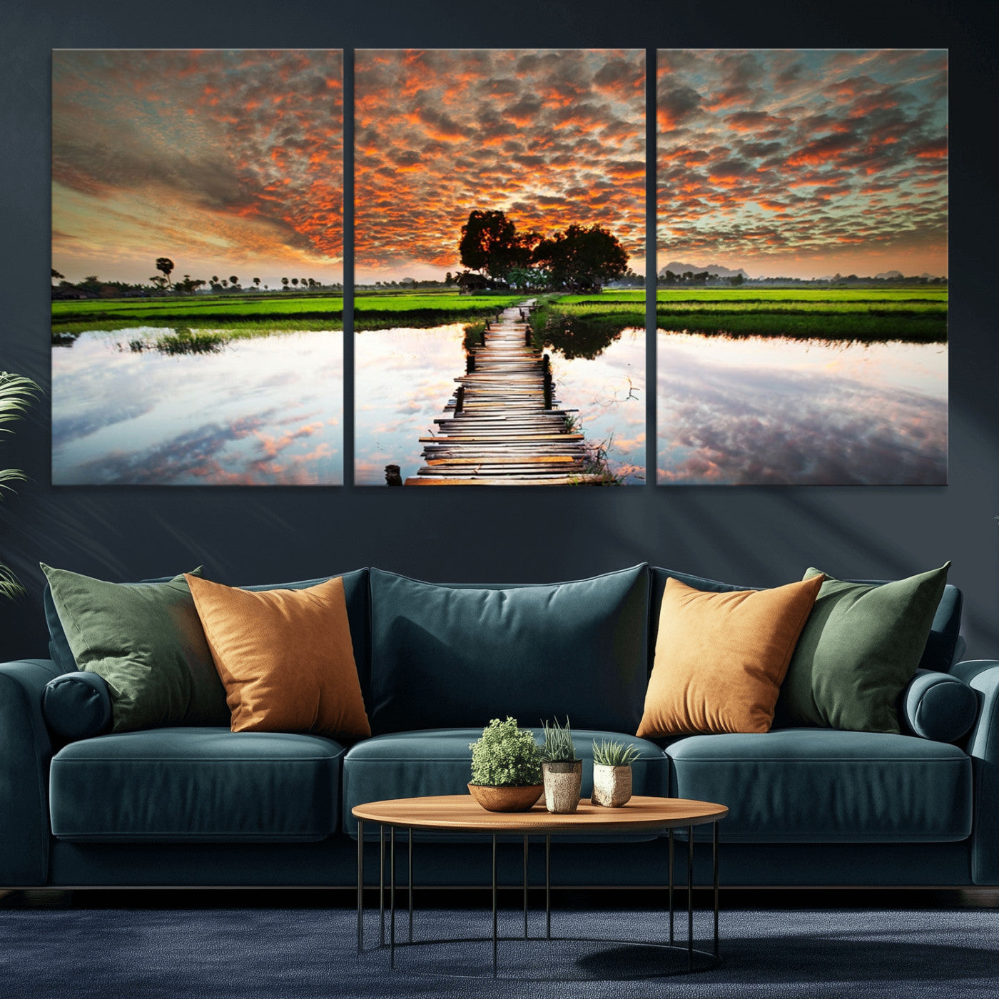 29105-MGV-CV-36X24-Rustic Wooden Bridge Wall Art – Scenic Sunset Over Rice Fields and Reflective Water Canvas Print, Nature Landscape Decor for