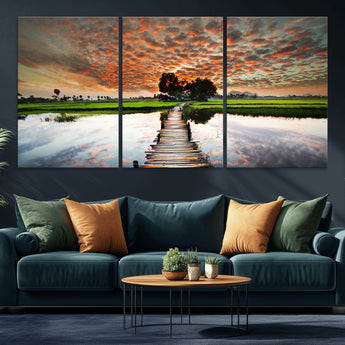 29105-MGV-CV-36X24-Rustic Wooden Bridge Wall Art – Scenic Sunset Over Rice Fields and Reflective Water Canvas Print, Nature Landscape Decor for