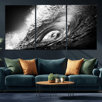 22702-MGV-CV-36X24-Black and White Ocean Wave Wall Art – Powerful Surf Curl Photography Canvas Print, Modern Coastal Decor for Living Room, Office or