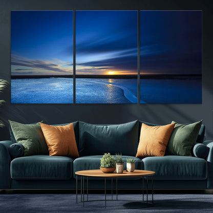 65405-MGV-CV-36X24-Blue Sunrise Seascape Wall Art – Tranquil Ocean Horizon Canvas Print with Golden Sunlight and Deep Sky, Coastal Landscape Decor