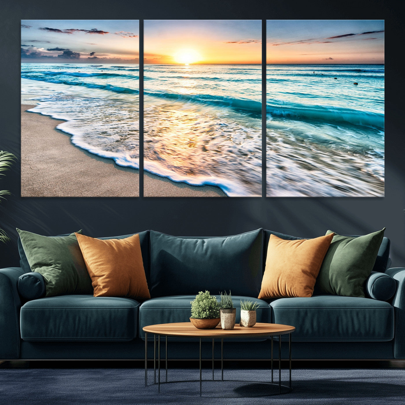 27815-MGV-CV-36X24-Ocean Sunrise Beach Wall Art – Serene Coastal Canvas Print with Waves and Golden Morning Light, Relaxing Seascape Decor for
