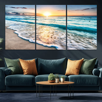 27815-MGV-CV-36X24-Ocean Sunrise Beach Wall Art – Serene Coastal Canvas Print with Waves and Golden Morning Light, Relaxing Seascape Decor for