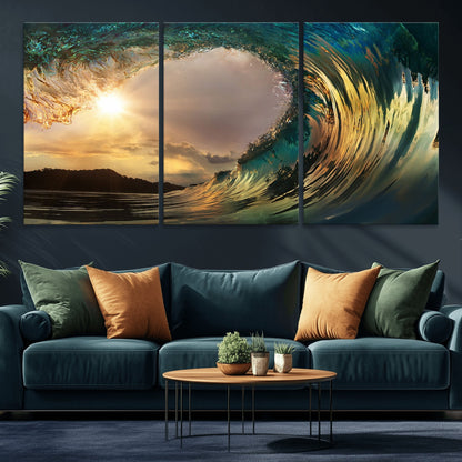 38256-MGV-CV-36X24-Ocean Wave Wall Art – Stunning Sunrise Through Curling Wave Canvas Print, Coastal Surf Photography Seascape Decor for Living Room,