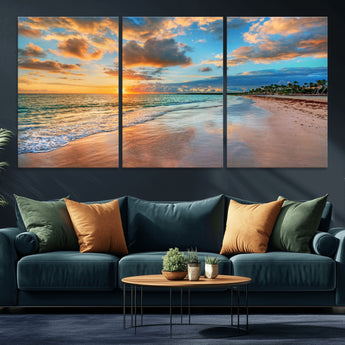 41572-MGV-CV-36X24-Sunset Beach Wall Art – Ocean Waves and Palm Trees Canvas Print, Tropical Coastal Sunset Seascape Decor for Living Room, Bedroom