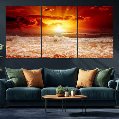 60211-MGV-CV-36X24-Fiery Sunset Ocean Waves Canvas Print – Vibrant Red & Orange Coastal Wall Art, Dramatic Seascape Decor