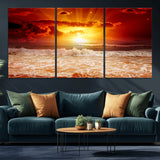 60211-MGV-CV-36X24-Fiery Sunset Ocean Wall Art – Red Sky Seascape Canvas Print with Waves, Bold Coastal Sunset Decor for Living Room or Bedroom