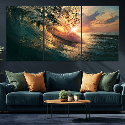 55359-MGV-CV-36X24-Radiant Ocean Wave Wall Art – Panoramic Surf Canvas Print, Vibrant Sunset Beach Decor for Home, Office or Man Cave