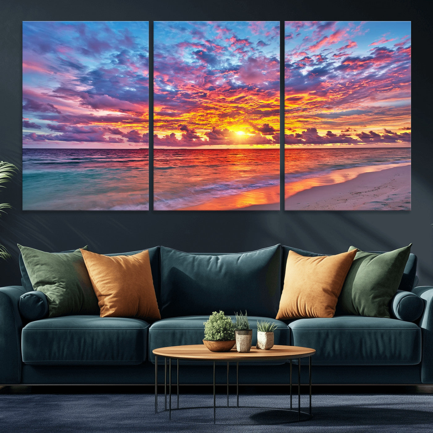 72836-MGV-CV-36X24-Fiery Sunset Beach Wall Art – Panoramic Vibrant Ocean Canvas Print, Dramatic Coastal Decor for Living Room, Bedroom or Office
