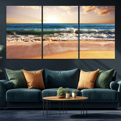 79005-MGV-CV-36X24-Golden Sunrise Ocean Waves Wall Art – Panoramic Seashore Canvas Print, Calming Coastal Decor for Home, Office or Relaxation Space