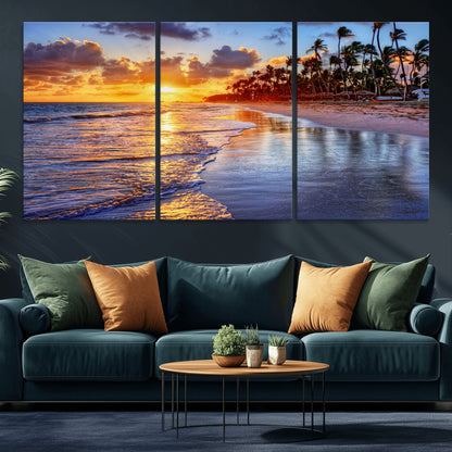 19917-MGV-CV-36X24-Tropical Sunset Beach Wall Art – Panoramic Palm Trees and Ocean Canvas Print, Vibrant Coastal Decor for Living Room, Office or Man