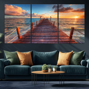 28836-MGV-CV-36X24-Ocean Pier Sunset Wall Art – Wooden Dock and Golden Horizon Canvas Print, Coastal Seascape Photography for Living Room, Bedroom,