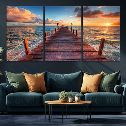 28836-MGV-CV-36X24-Ocean Pier Sunset Wall Art – Wooden Dock and Golden Horizon Canvas Print, Coastal Seascape Photography for Living Room, Bedroom,