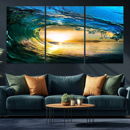 19378-MGV-CV-36X24-Ocean Wave Sunset Wall Art – Vibrant Surf and Golden Horizon Canvas Print, Coastal Seascape Photography for Living Room, Bedroom,
