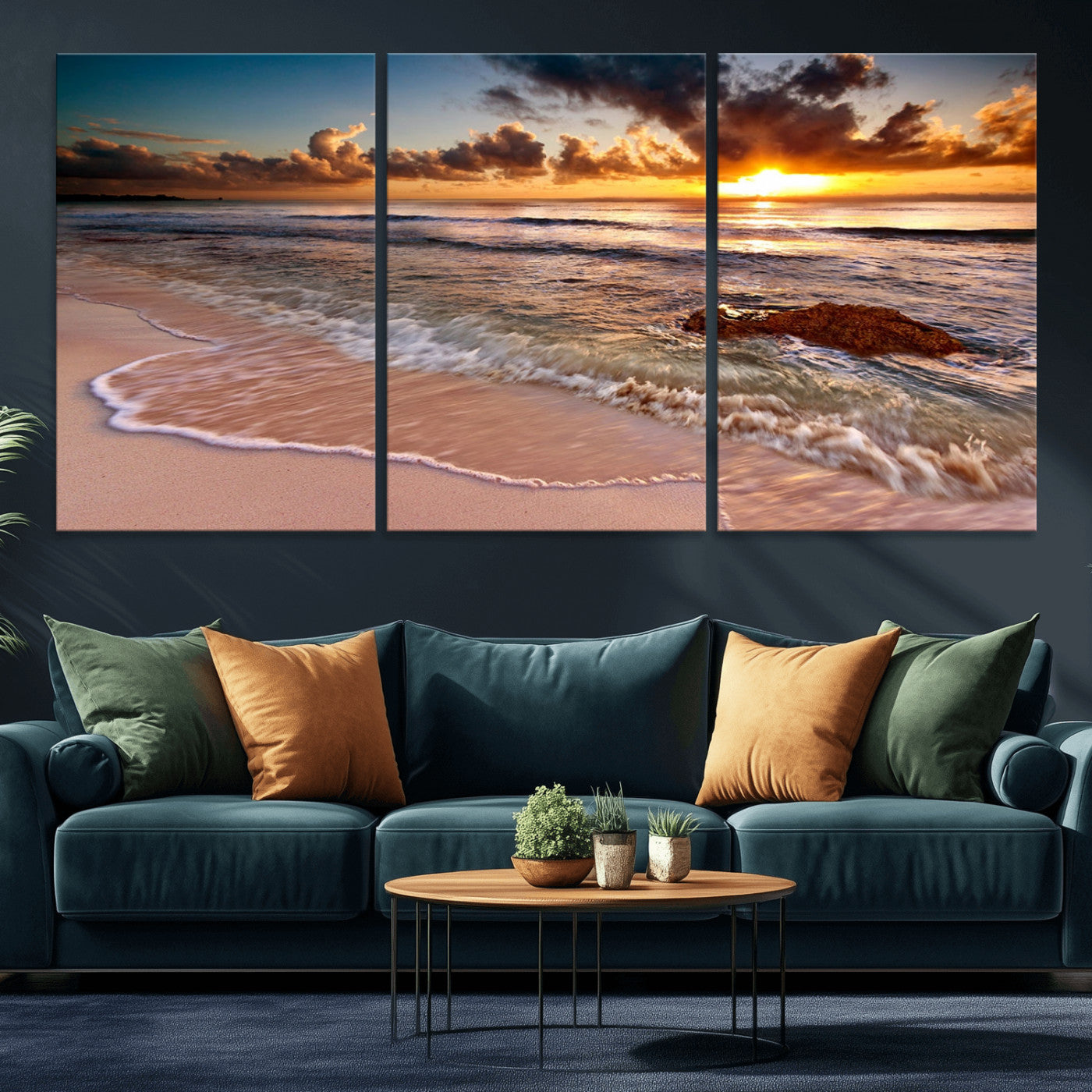 80979-MGV-CV-36X24-Golden Sunrise Beach Wall Art – Ocean Waves and Sandy Shore Canvas Print, Coastal Sunset Photography Artwork for Living Room,