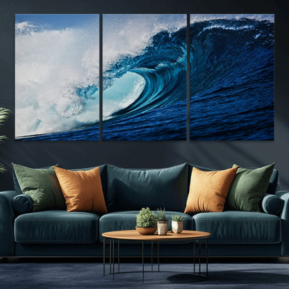 89502-MGV-CV-36X24-Powerful Ocean Wave Wall Art – Panoramic Blue Sea Wave Canvas Print, Coastal Surf Photography Artwork for Living Room, Bedroom, or