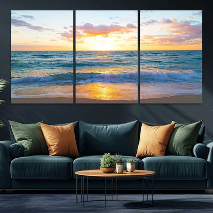 78006-MGV-CV-36X24-Golden Sunrise Ocean Wall Art – Panoramic Beach Waves Canvas Print, Coastal Seascape Artwork for Living Room, Bedroom, Office, or