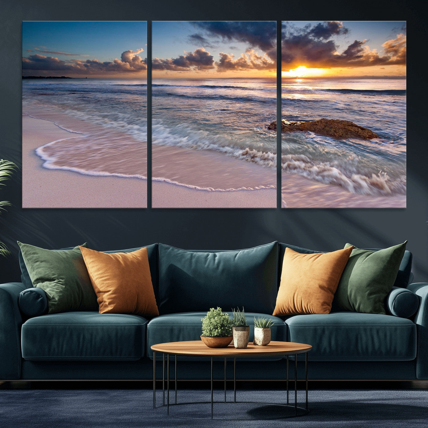 94906-MGV-CV-36X24-Sunrise Beach Wall Art – Panoramic Ocean Waves Canvas Print, Coastal Sunset Seascape Artwork for Living Room, Bedroom, or Office