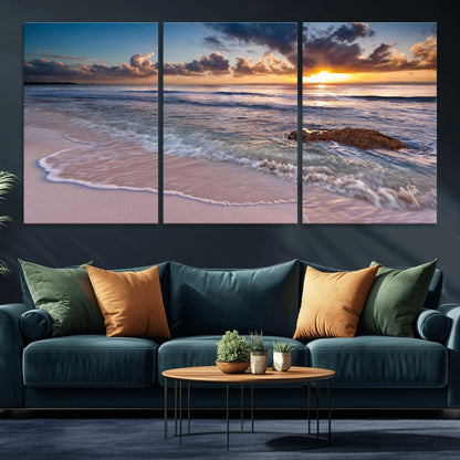 94906-MGV-CV-36X24-Sunrise Beach Wall Art – Panoramic Ocean Waves Canvas Print, Coastal Sunset Seascape Artwork for Living Room, Bedroom, or Office