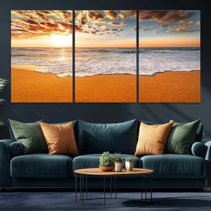 15399-MGV-CV-36X24-Golden Sunrise Beach Wall Art – Ocean Waves on Sandy Shore Canvas Print, Coastal Seascape Decor for Living Room or Bedroom