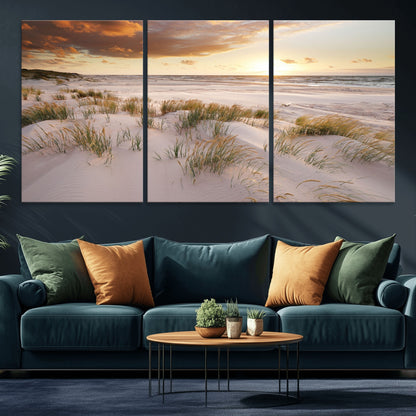 61246-MGV-CV-36X24-Coastal Sand Dunes Wall Art – Serene Beach Sunset Canvas Print with Grasses and Ocean View, Tranquil Seaside Decor for Living Room