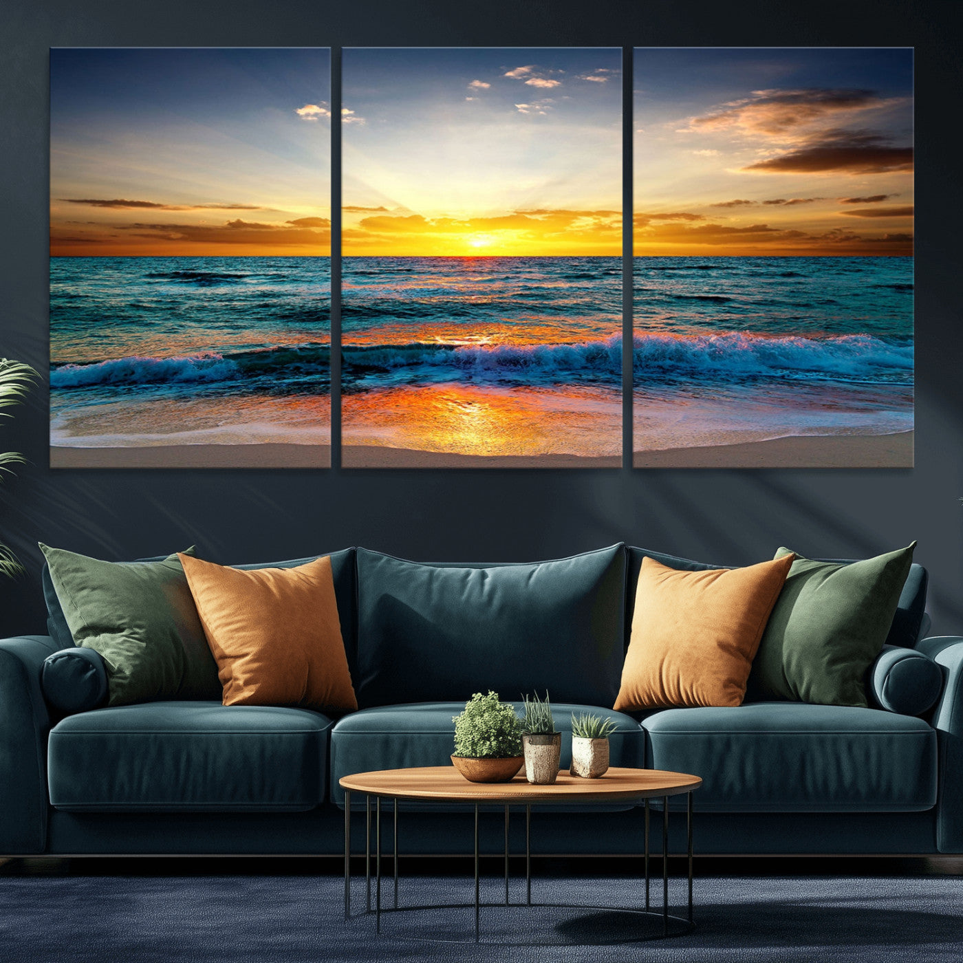 50627-MGV-CV-36X24-Ocean Sunset Wall Art – Serene Beach Canvas Print with Waves and Golden Sky, Coastal Decor for Living Room or Office