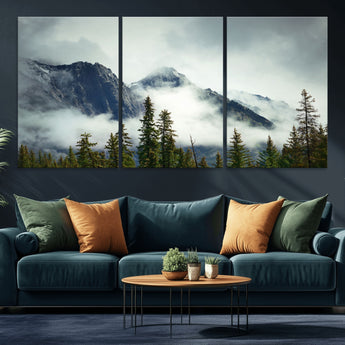 93219-MGV-CV-36X24-Misty Mountain Wall Art – Foggy Pines and Rocky Peaks Canvas Print, Nature Landscape Decor for Living Room, Office or Bedroom