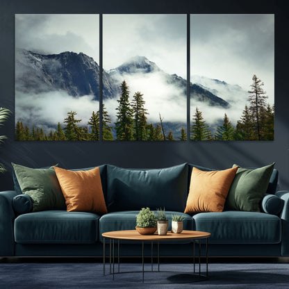 93219-MGV-CV-36X24-Misty Mountain Wall Art – Foggy Pines and Rocky Peaks Canvas Print, Nature Landscape Decor for Living Room, Office or Bedroom