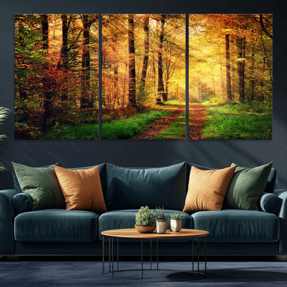 73494-MGV-CV-36X24-Golden Autumn Forest Path Wall Art – Sunlit Woodland Canvas Print, Fall Nature Landscape Home Decoration