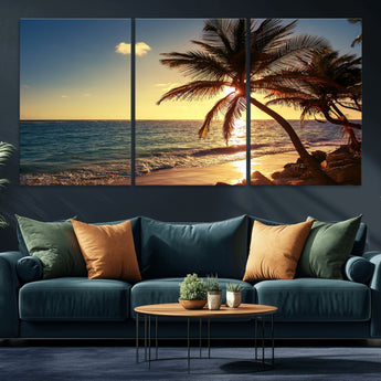 82710-MGV-CV-36X24-Palm Tree Sunset Beach Wall Art – Tropical Ocean Canvas Print, Coastal Paradise Seascape Decor for Living Room or Office Wall
