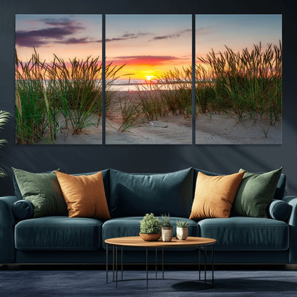 25576-MGV-CV-36X24-Beach Grass Sunset Wall Art – Coastal Sand Dune Landscape Canvas Print, Ocean View Nature Decor for Living Room or Office Wall