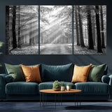 39665-MGV-CV-36X24-Black and White Forest Path Wall Art – Sunlight Rays in Trees Canvas Print, Nature Landscape Decor for Living Room