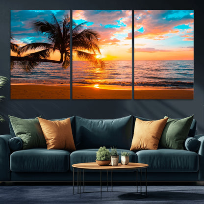 34674-MGV-CV-36X24-Tropical Sunset Beach Wall Art – Palm Tree Ocean Canvas Print, Coastal Seascape Decor for Living Room or Office Wall