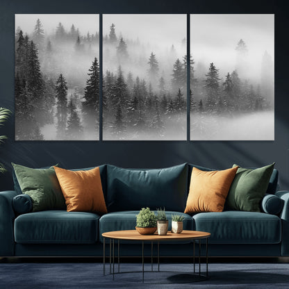 57235-MGV-CV-36X24-Misty Pine Forest Wall Art – Black and White Mountain Landscape Canvas Print, Nature Woodland Decor for Living Room, Bedroom or