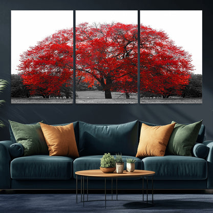 80021-MGV-CV-36X24-Red Tree Wall Art – Striking Black and White Landscape Canvas Print with Vibrant Red Leaves, Modern Nature Decor for Living Room