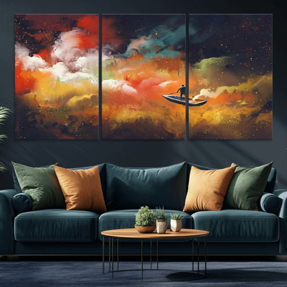 45085-MGV-CV-36X24-Surreal Cosmic Wall Art – Abstract Galaxy Dreamscape Canvas Print with Man and Dog in Boat, Fantasy Nebula Painting for Living
