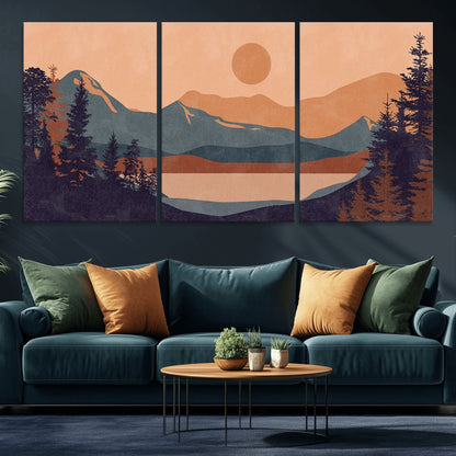 62795-MGV-CV-36X24-Minimalist Mountain Landscape Wall Art – Abstract Sunset Over Peaks and Pine Trees Canvas Print, Modern Nature Decor for Living