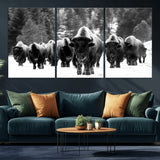 62434-MGV-CV-36X24-Bison Herd Wall Art – Majestic Black and White Buffalo Canvas Print, Wildlife Nature Photography Decor for Living Room, Office or