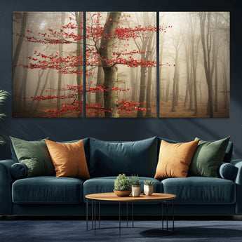 61855-MGV-CV-36X24-Misty Forest Wall Art – Red Tree with Autumn Leaves Canvas Print, Moody Woodland Nature Decor for Living Room, Bedroom, or Office