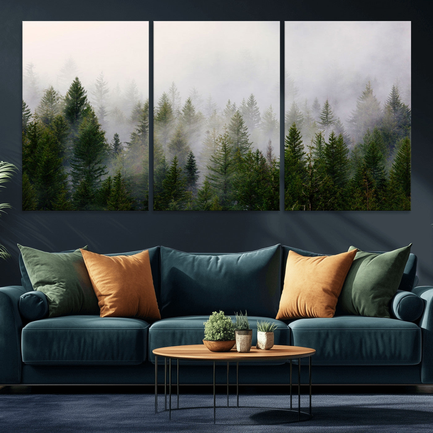 11436-MGV-CV-36X24-Misty Forest Wall Art – Tranquil Evergreen Tree Canvas Print with Foggy Landscape, Nature Inspired Artwork for Bedroom, Living