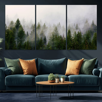 11436-MGV-CV-36X24-Misty Forest Wall Art – Tranquil Evergreen Tree Canvas Print with Foggy Landscape, Nature Inspired Artwork for Bedroom, Living