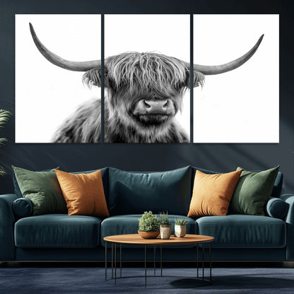 10123-MGV-CV-36X24-Black and White Highland Cow Wall Art – Modern Farmhouse Animal Print, Rustic Scottish Bull Canvas Decor for Living Room, Bedroom,