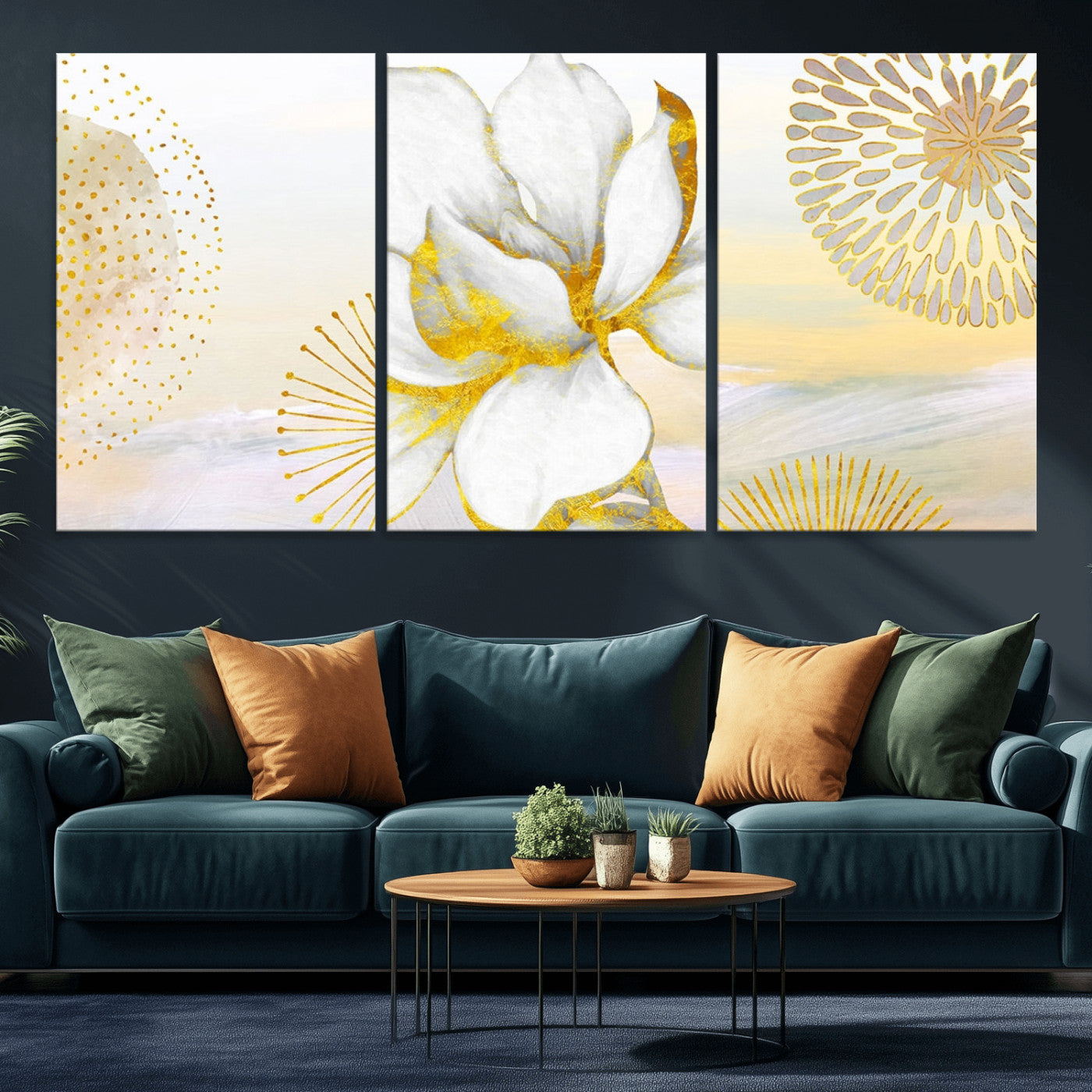 82301-MGV-CV-60X30-3P-Modern Floral Wall Art – White Flower with Gold Detailing Canvas Print, Elegant Abstract Artwork for Living Room, Bedroom, or