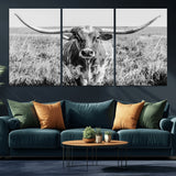 77320-MGV-CV-36X24-Texas Longhorn Wall Art – Black and White Western Cattle Canvas Print, Rustic Farmhouse Animal Photography Decor for Living Room,