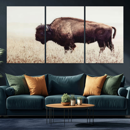 48406-MGV-CV-36X24-American Bison Wall Art – Rustic Buffalo Canvas Print in Prairie Field, Western Wildlife Photography Decor for Cabin, Lodge,