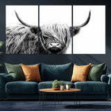 51957-MGV-CV-36X24-Highland Cow Wall Art – Black and White Scottish Highland Bull Canvas Print, Rustic Farmhouse Animal Decor for Living Room,