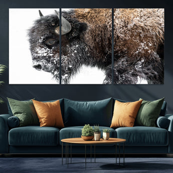 24304-MGV-CV-36X24-Bison Wall Art Canvas Print, Framed Winter Bison Art Picture Print, Snowy Buffalo Perfect Rustic Farmhouse Decor Artwork