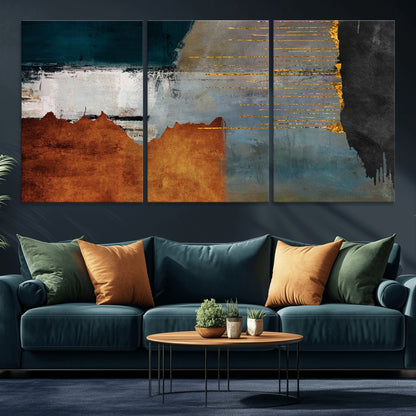 35026-MGV-CV-36X24-Abstract Canvas Wall Art – Modern Teal, Rust, Black and Gold Textured Painting, Contemporary Decor for Living Room, Bedroom or