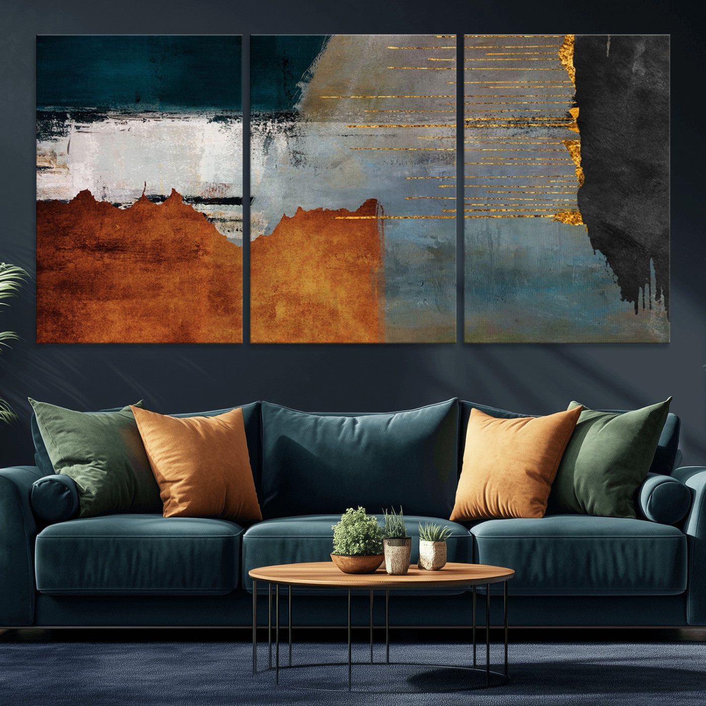 35026-MGV-CV-36X24-Abstract Canvas Wall Art – Modern Teal, Rust, Black and Gold Textured Painting, Contemporary Decor for Living Room, Bedroom