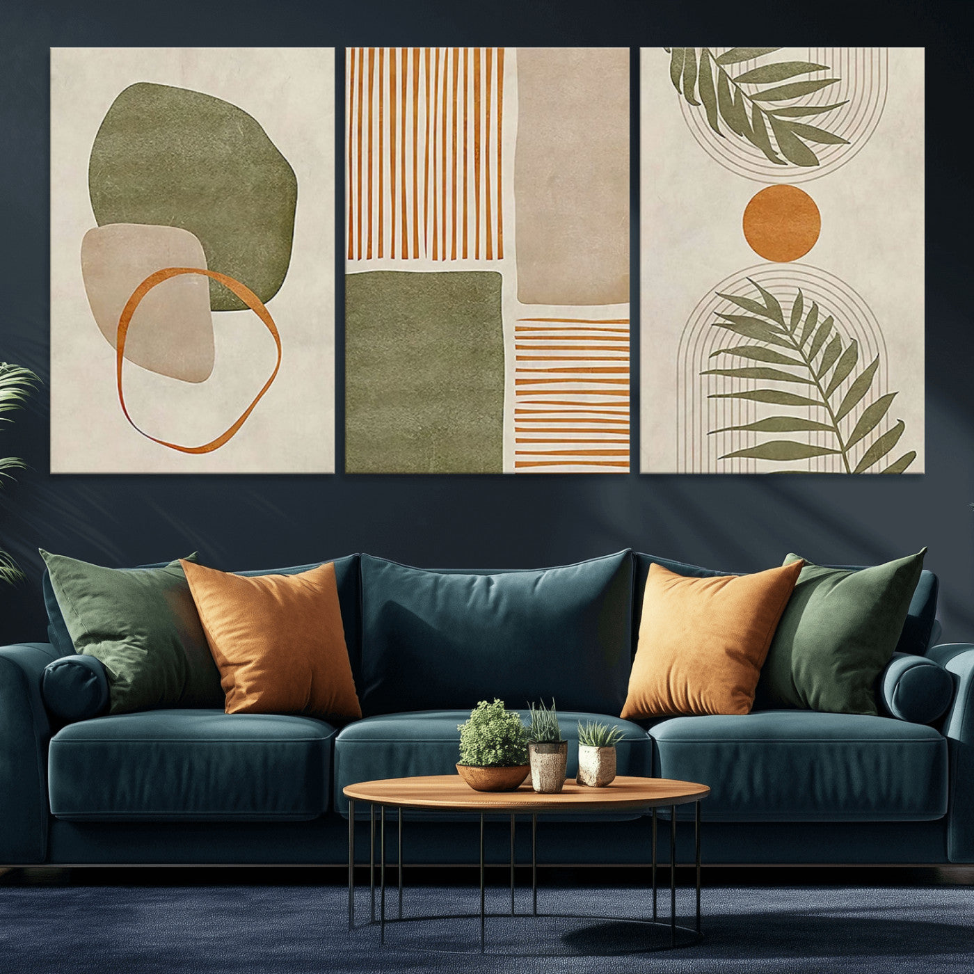 96002-MGV-CV-36X24-Abstract Geometric Wall Art – Modern Canvas Print with Green, Orange & Beige Shapes, Minimalist Home Decor for Living Room, Office