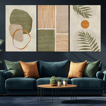 96002-MGV-CV-36X24-Abstract Geometric Wall Art – Modern Canvas Print with Green, Orange & Beige Shapes, Minimalist Home Decor for Living Room, Office